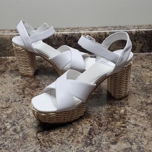 Jeffrey Campbell Amma Leather Woven Wicker Block Heel Shoes Size 8.5